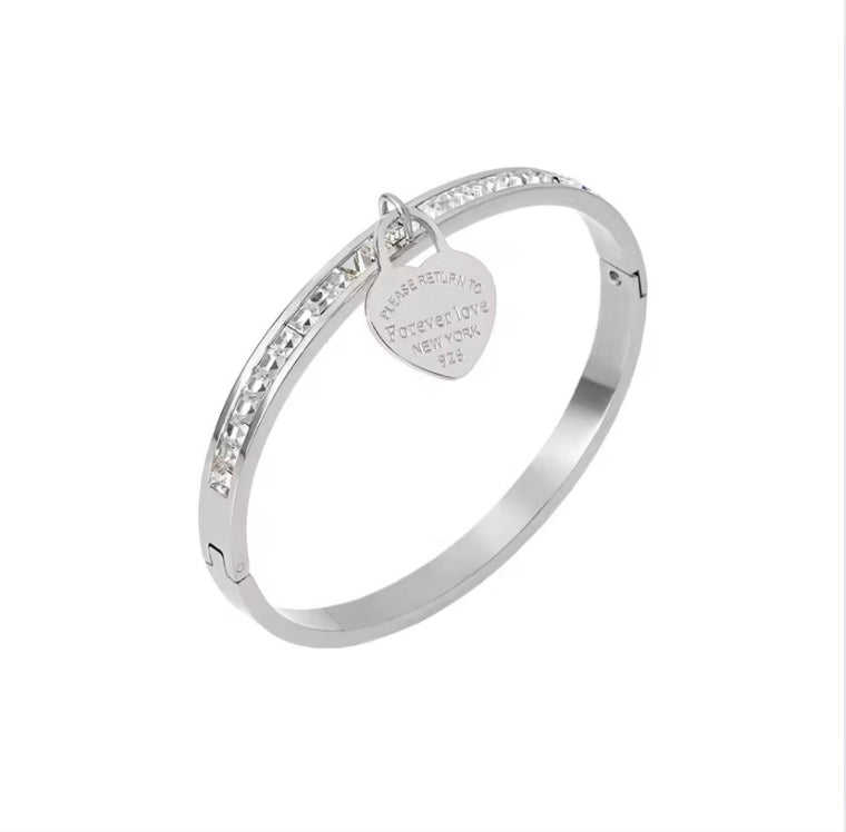 Silver Love Heart Crystal Bangle